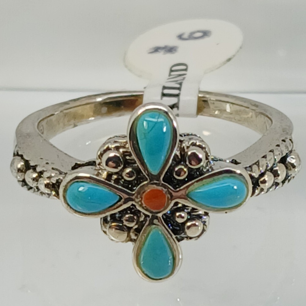 Vintage 90s BOMA Sterling Silver Turquoise Coral Flower Ring Size 6 Thailand NOS - Picture 7 of 16